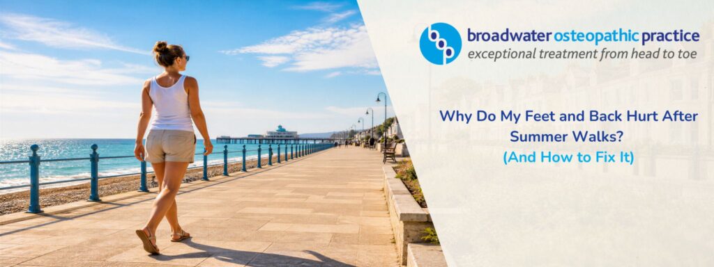 woman walking along Worthing seafront promenade in sandals — foot pain after walking