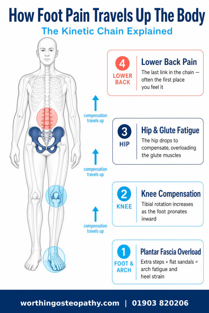 diagram showing kinetic chain from foot to lower back pain