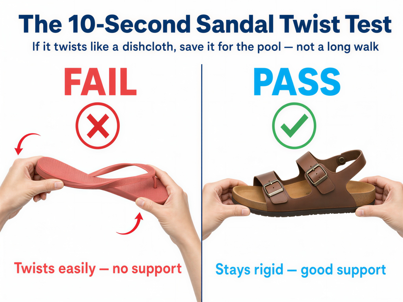 demonstrating the twist test on a summer sandal for arch support